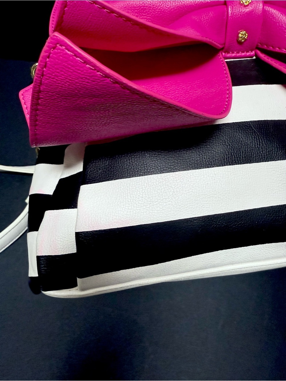 Betsey Johnson White & Black Stripe Satchel with Pink Bow Accent - Picture 6 of 10